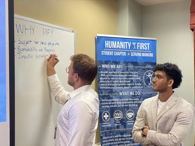 A presenter writes chapter goals on a whiteboard while a colleague looks on at the HFSD Leadership Summit '23.